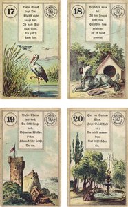 Lenormand Fransız karikatür destesinin Almanca baskısı: The Stork,The Dog, The Tower,The Garden, Dondorf, Frankfurt, 19. Yüzyıl tarafından yayınlandı by French School