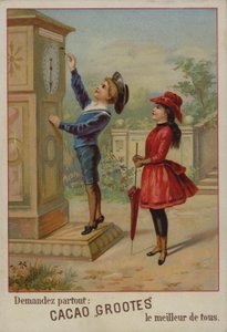 Saati ayarlayan bir çocuğu izleyen kız (chromolitho) by French School