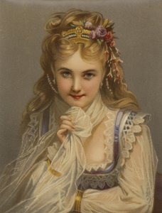 Sarı saçlı, mücevherli, çiçekli ve nazlı gülümsemeli kız (chromolitho) by French School