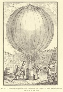İlk hidrojen balonunun şişirilmesi, Charles, Robert kardeşler ve bir asistan tarafından, 23-26 Ağustos 1783 (gravür) by French School