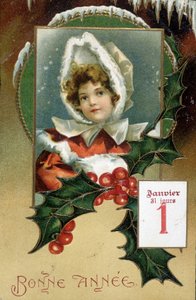 Tebrik kartı: “” Yeni Yılınız Kutlu Olsun”” (kutsallı kız) - kartpostal, n.d., 20. yüzyılın başları by French School