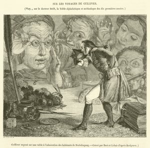 Gulliver, bir masanın üzerinde Brobdingnag sakinlerinin hayranlığına maruz kaldı (gravür) by French School