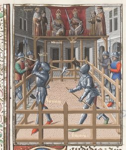 Harley 4375 f.171v, Polaxes ile savaşan iki şövalye, “Valerius Maximus”tan, c.1473-80 (parşömen) by French School