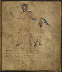 Harley 647, f.4 Yunan mitolojisinin bir kahramanı olan Perseus'un, başı yılan saçlı Medusa'nın, takımyıldız figürü içinde metin veya scholia ile birlikte, 'Aratus'tan, Marcus Tullius Cicero (parşömen) by French School