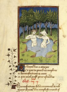 Harley MS 4431, f.132v, Bir gölde yıkanan Hermaphroditus ve perisi Salmacis
