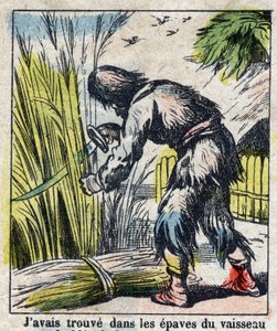Daniel Defoe (De foe) Kitabı için İllüstrasyon “” Robinson Crusoe””. 19. yüzyılın sonundan epinal görüntüleme. by French School