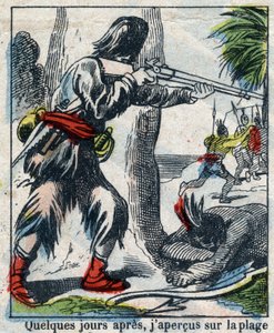 Daniel Defoe (De foe) Kitabı için İllüstrasyon “” Robinson Crusoe””. 19. yüzyılın sonundan epinal görüntüleme. by French School