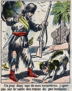 Daniel Defoe (De foe) Kitabı için İllüstrasyon “” Robinson Crusoe””. 19. yüzyılın sonundan epinal görüntüleme. by French School