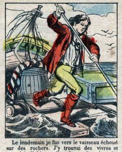 Daniel Defoe (De foe) Kitabı için İllüstrasyon “” Robinson Crusoe””. 19. yüzyılın sonundan epinal görüntüleme. by French School
