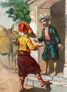 Binbir Gece Masalları için İllüstrasyon. Bir petrol tüccarı olarak hayal kırıklığına uğrayan ve ardından 19 katırın iki büyük vazoyu doldurduğu kaptan, Ali-Baba