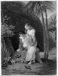 "Paul ve Virginia" çizimi. Roman Henri Bernardin de Saint Pierre (Saint-Pierre veya St-Pierre), Fransız yazar (1737-1814). by French School