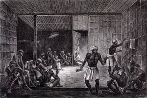 Borneo adasında dayakların uyguladığı bir şeytan çıkarma seansını betimleyen “Le Tour du monde”un 1862 baskısında yayınlanan illüstrasyon. Oymak. by French School