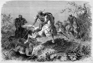 1870 - 1871 yılları arasında “Le Tour du monde” baskısında yayınlanan ve Borneo adasında bir dyak avını betimleyen illüstrasyon. Oymak. by French School