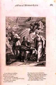 Ölümün Katılımı'nda, Marin Le Roy de Gomberville'in (1600-74) 'Ahlakın Doktrinleri'nden 'İnsan Yaşamına Bir Bakış' şiirinden bir örnek Daret tarafından kazınmış (gravür) by French School