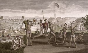 İngiliz Sakinleri kampı manzarası eşliğinde egzersiz yapan Hintli savaşçılar, 1810 dolayları by French School