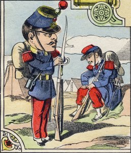Piyade hattı. "Komik Askeri Alfabe"de gravür. Beşinci seri. Epinal görüntüleme. Pellerin ve Cie, Yazıcılar, Epinal, 19. yüzyıl sonu. 16 sayfa. Karartma: 25x18,5cm by French School