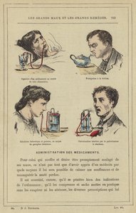 Gıda tüpü aracılığıyla bir ilacın yutulması, Çaydanlık ile fümigasyon, Balzamik ve gazlı soluma, inhaler gazlaştırıcı aracılığıyla, Reaksiyon püskürtücüsü ile reaktif püskürtme (renkli lito) by French School