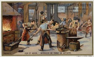 Demir ve çelik. Meşgul bir demircinin içi (chromolitho) by French School