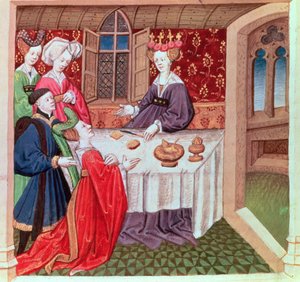 Isolde koruma için Kraliçe Guinevere'ye yalvarıyor, Roman du Chevalier Tristan by French School