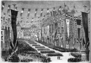 İtalyan birleşmesi, Torino, 2 Nisan 1860: İtalyan parlamentosunun açılışı vesilesiyle kale meydanının (Piazza Castello) dekorasyonu. 14 Nisan 1860 tarihli “” Le Monde Illustré”” n°157