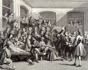 Jansenism: Saint-Médard mezarlığının, “mucizelerin” gerçekleştiği diyakoz Paris (1690 - 1727) mezarı üzerindeki kasılmaları. 18. yüzyıl baskısı. by French School