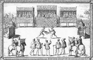 Jarnac'ın darbesi: Guy Chabot de Jarnac ve François de Vivonne de la Chataignerie'nin Saint-Germain-en-Laye'deki Mahkeme huzurunda düellosu by French School
