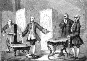İsviçreli fizikçi Jean JALLABERT (1712-1768), keskin nesnelerdeki elektriği keşfeder (FRANKLIN'in Pointe'nin Gücü). gravür 1867 by French School