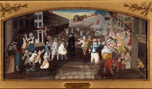 Paris sokaklarından şakalar: Rue Saint-Antoine. - “” Les farces des rues de Paris: la rue du faubourg Saint Antoine a Paris”” Yoldan geçenler, yetişkinler ve çocuklar, eğlendiriyor ve kavga ediyor. Arka planda Bastille hapishanesini görüyoruz. Boyama (de i by French School
