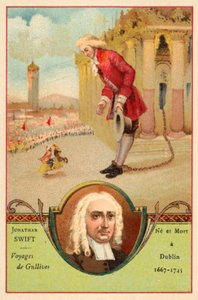 Jonathan Swift, İrlandalı yazar ve Gulliver'in Seyahatleri (chromolitho) adlı romanından bir sahne by French School
