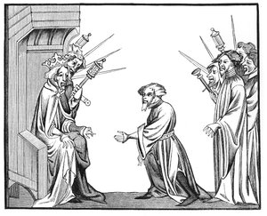 Kral Charlemagne (742-814), St. Denis Chronicles of St. Denis minyatüründeki bir minyatürden Feudatories veya High Baronlarından birinden Sadakat ve Saygı Yemini