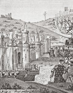 Kral Charles VII, Rouen'den ayrıldıktan sonra, Paul Lacroix pub tarafından Orta Çağ'da Bilim ve Edebiyat'tan 15. yüzyıl el yazması Chroniques de Monstrelet'ten bir minyatürün ardından Harfleur kasabasını kuşatmak için yola çıktı. Londra 187 by French School