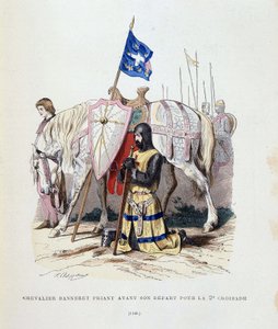 2. haçlı seferi için yola çıkmadan önce dua eden şövalye pankartı - gravür by French School