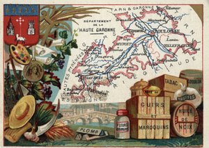 La Haute Garonne (Haute-Garonne, 31), Midi-Pyrenees (Midi Pyrenees), Fransa. Yerel uzmanlık: kurşun, portakal çiçekleri, hamur, deri ve deri ürünler, tütün, ceviz yağı, katran ve yer mantarı. Fransız Departmanları Üzerine Diziler. Kromolitografi (Krom) “”  by French School