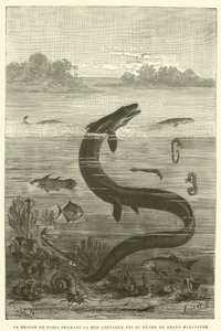 Kretase Denizi boyunca Paris bölgesi, büyük mosasaur saltanatının sonu (gravür) by French School