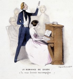 The Salon Romance: Bir Kadının Piyanoda Şarkı Söyleyen Erkek Eşliği, Lonsay, c. 1845. by French School