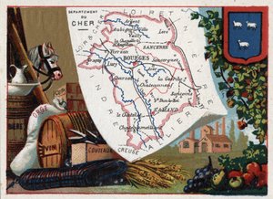 Le Cher (18), Merkez, Fransa. Fransız Departmanları Üzerine Diziler. Bira, arpa, deri, şarap ve bıçaklar. Kromolitografi (Chromo) 1920 dolaylarında “coğrafi konu””. Özel koleksiyon. by French School