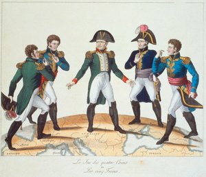 Le Jeu des Quatre Paraları veya Les Cinq Freres, Napolyon ve kardeşlerini tasvir eden Bonapartist karikatür, 1808 by French School
