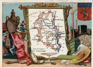 Le Rhone (69), Rhone Alpes (Rhone-Alpes), Fransa. Yerel uzmanlık: ipek, kahverengi, dantel. Fransız Departmanları Üzerine Diziler. Kromolitografi (Chromo) 1920 dolaylarında “coğrafi konu””. Özel koleksiyon. by French School