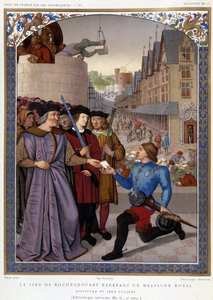Sire de Rochechouart kraliyet habercisini alıyor. Fouquet'den sonra, Mme de Witt'in yazdığı “Kökenlerden 16. yüzyıla Fransa Tarihinin Tarihçeleri”nde, Paris by French School