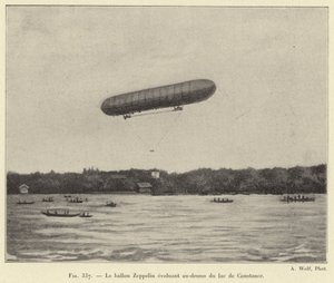 Konstanz Gölü üzerinde uçan zeplin balonu (gravür) by French School