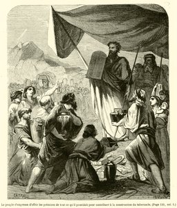 Halk, meskenin inşasına katkıda bulunmak için sahip oldukları her şeyin turfandasını sunmak için acele ettiler (gravür) by French School