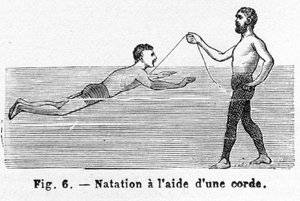 Kordon kullanarak Yüzmeyi Öğrenmek, pub. 1885 gravürü, 1885. by French School