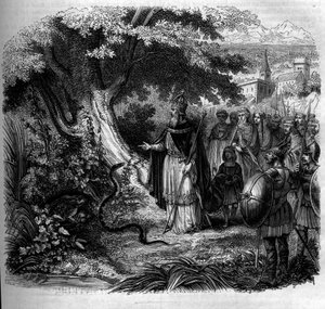 Charlemagne ve yılan efsanesi: Bir kurbağa tarafından işgal edilen yılanın yuvasının önündeki imparator. 1852