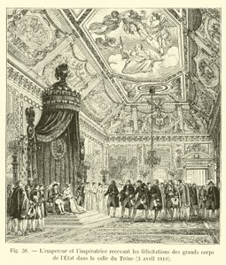 İmparator ve İmparatoriçe, Devletin büyük organlarının Taht odasında tebriklerini alırken, 3 Nisan 1810 by French School