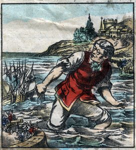 Lemuel Gullliver, Blefuscu ordusundan gelen gemileri başkent Lilliput limanına ateşledi. Jonathan Swift (1667-1745) tarafından “” Gulliver