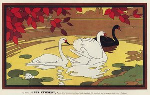 Les Cygnes, Kuğular (renkli taş baskı) by French School