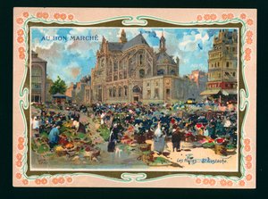 Les Halles ve Aziz Eustache Kilisesi, Paris (kromolito) by French School