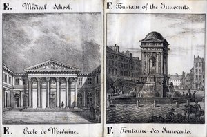 E ve F Harfi: Tıp Fakültesi ve Masumlar Çeşmesi - "Alphabet Picturesque des Monumens de Paris" c.1840 (gravür) by French School