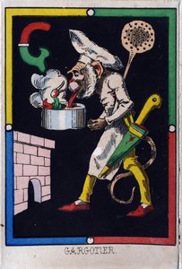 Gargotier olarak G harfi. Maymun alfabesi. Ahşap oyma. Epinal Görüntüleme by French School