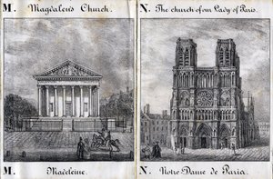M harfi Madeleine ve N Notre-Dame de Paris (Notre Dame de Paris) - "Alphabet Picturesque des Monumens de Paris" c.1840 (gravür) by French School